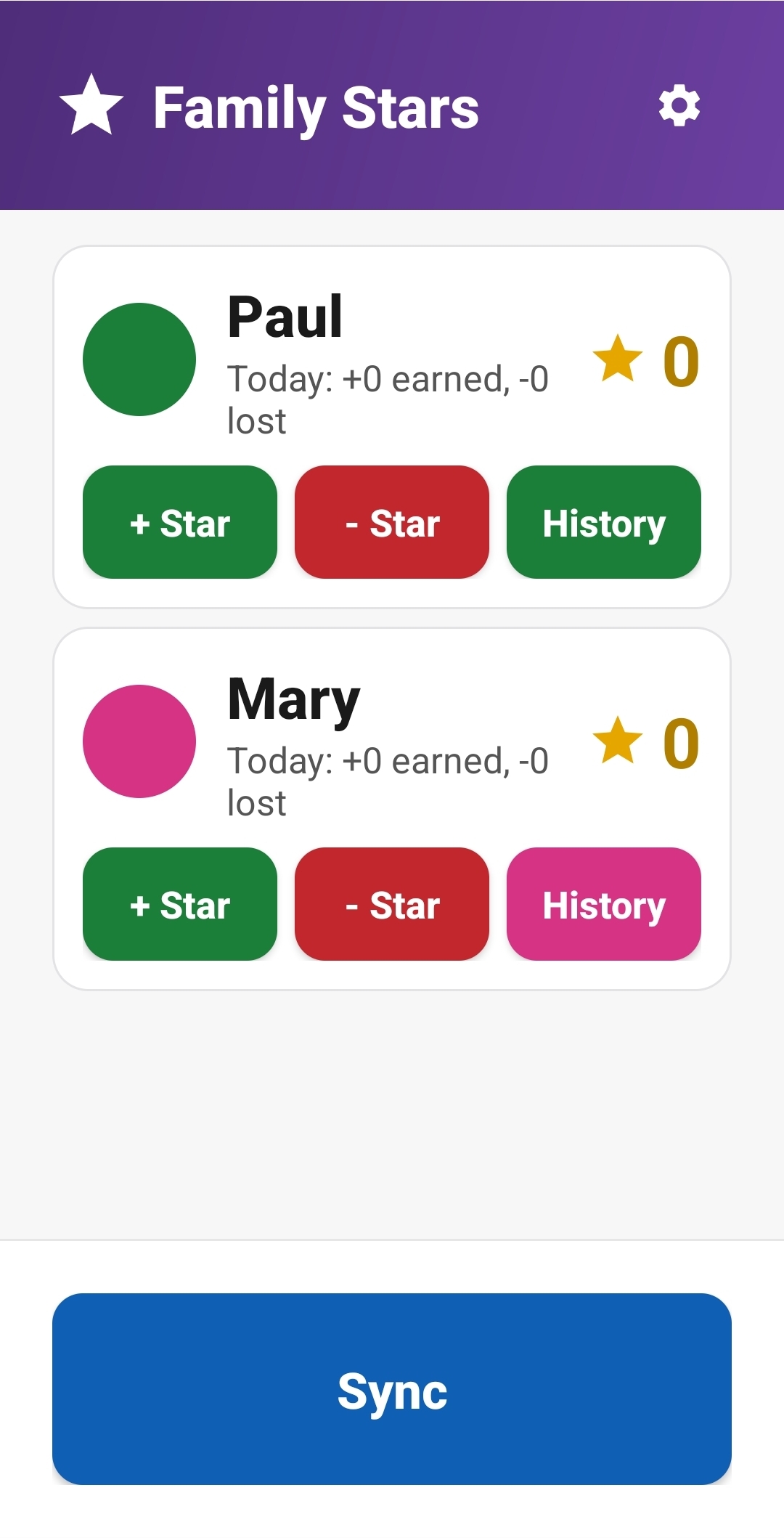 Family Stars parent home screen with Paul and Mary, plus and minus star buttons