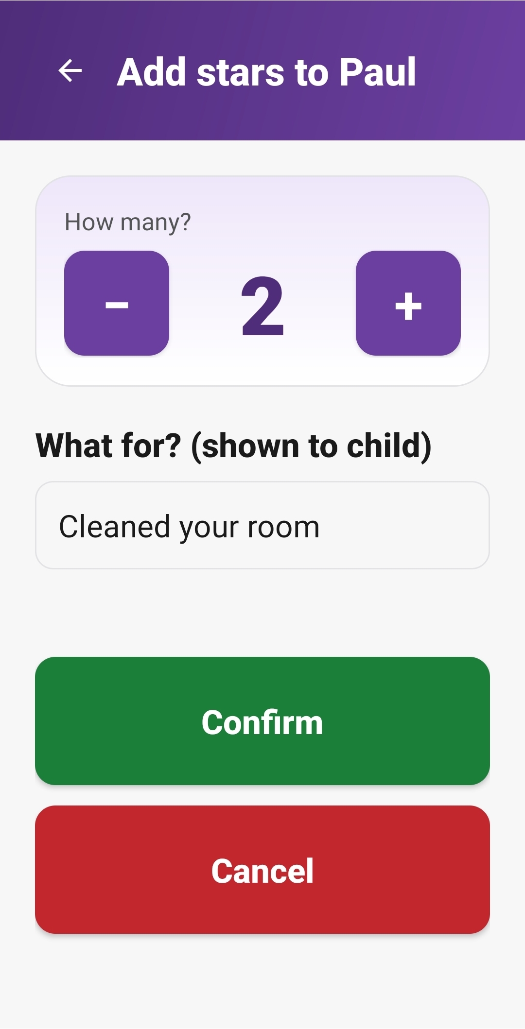Add stars to Paul screen, two stars for cleaned your room, big green Confirm button