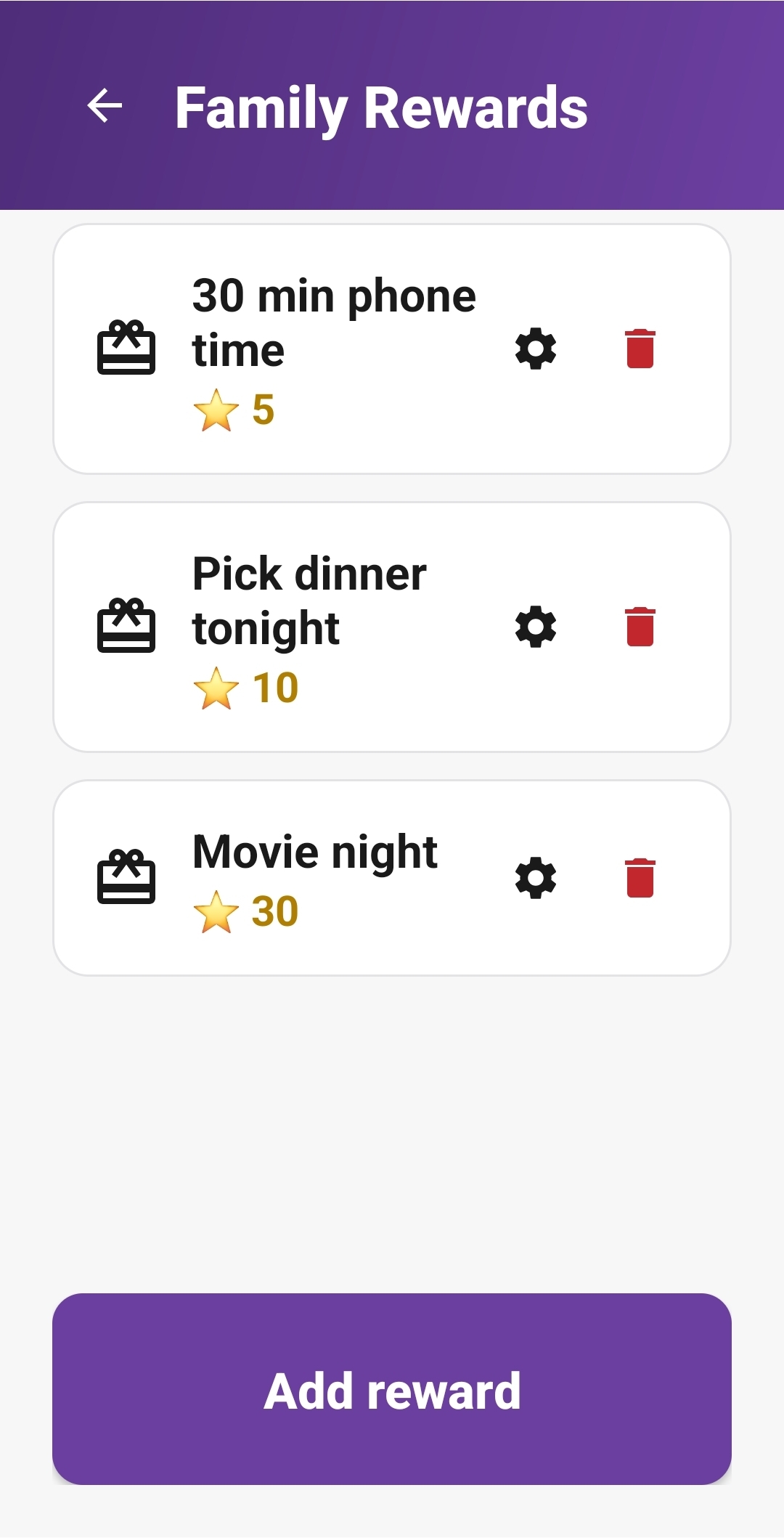 Family rewards list with 30 min phone time for 5 stars, pick dinner tonight for 10 stars, movie night for 30 stars