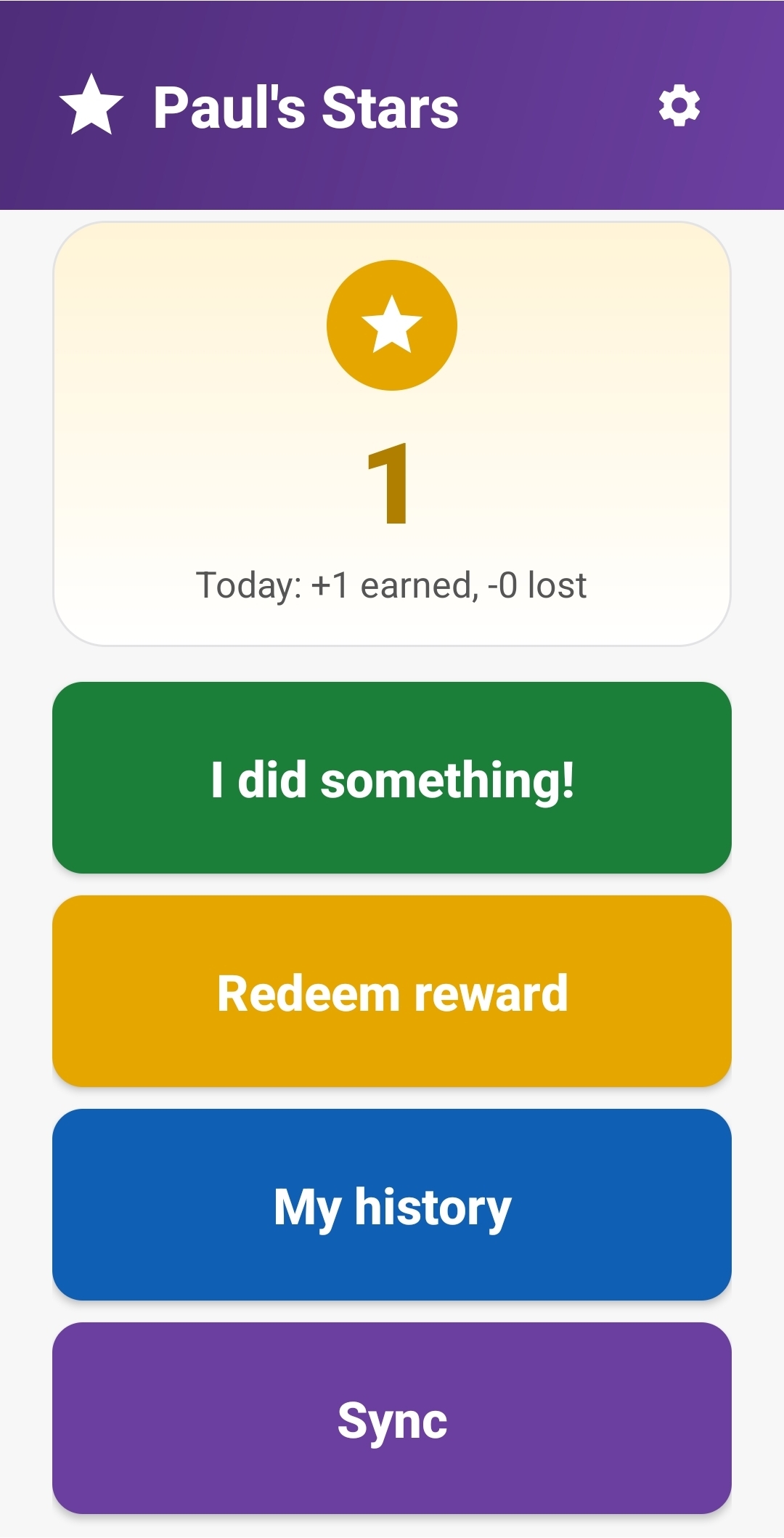 Paul's Stars screen with star count 1, I did something button, Redeem reward, My history, Sync