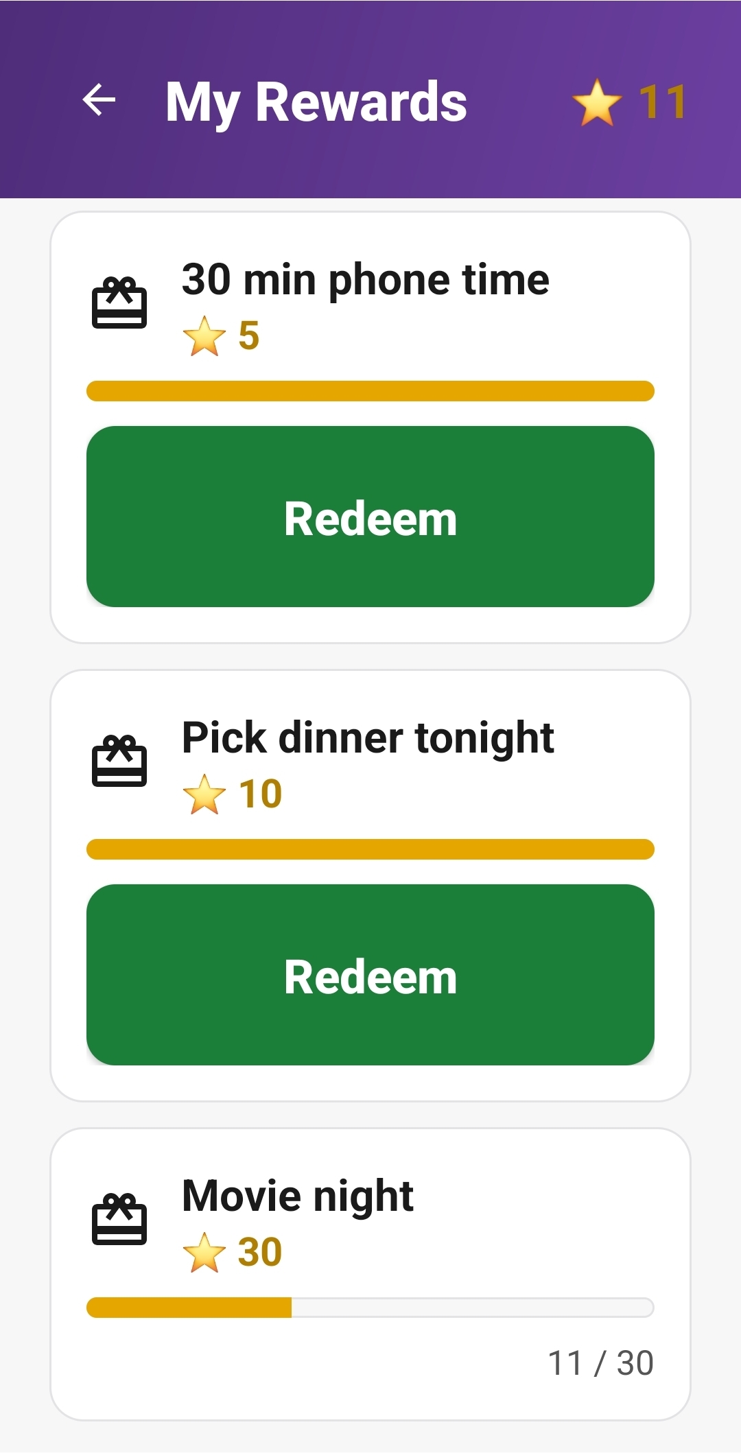 My Rewards on child phone, 30 min phone time, pick dinner tonight, movie night with progress bar 11 of 30