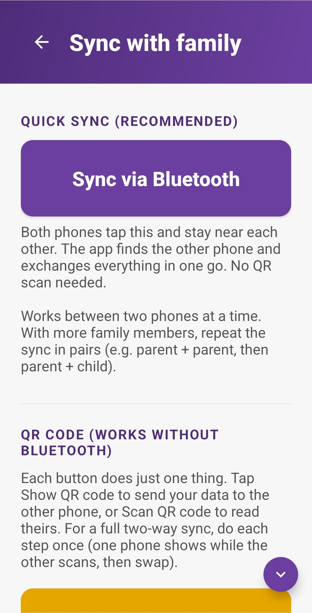 Sync with family screen showing Sync via Bluetooth as the recommended option, and QR code as a backup that works without Bluetooth