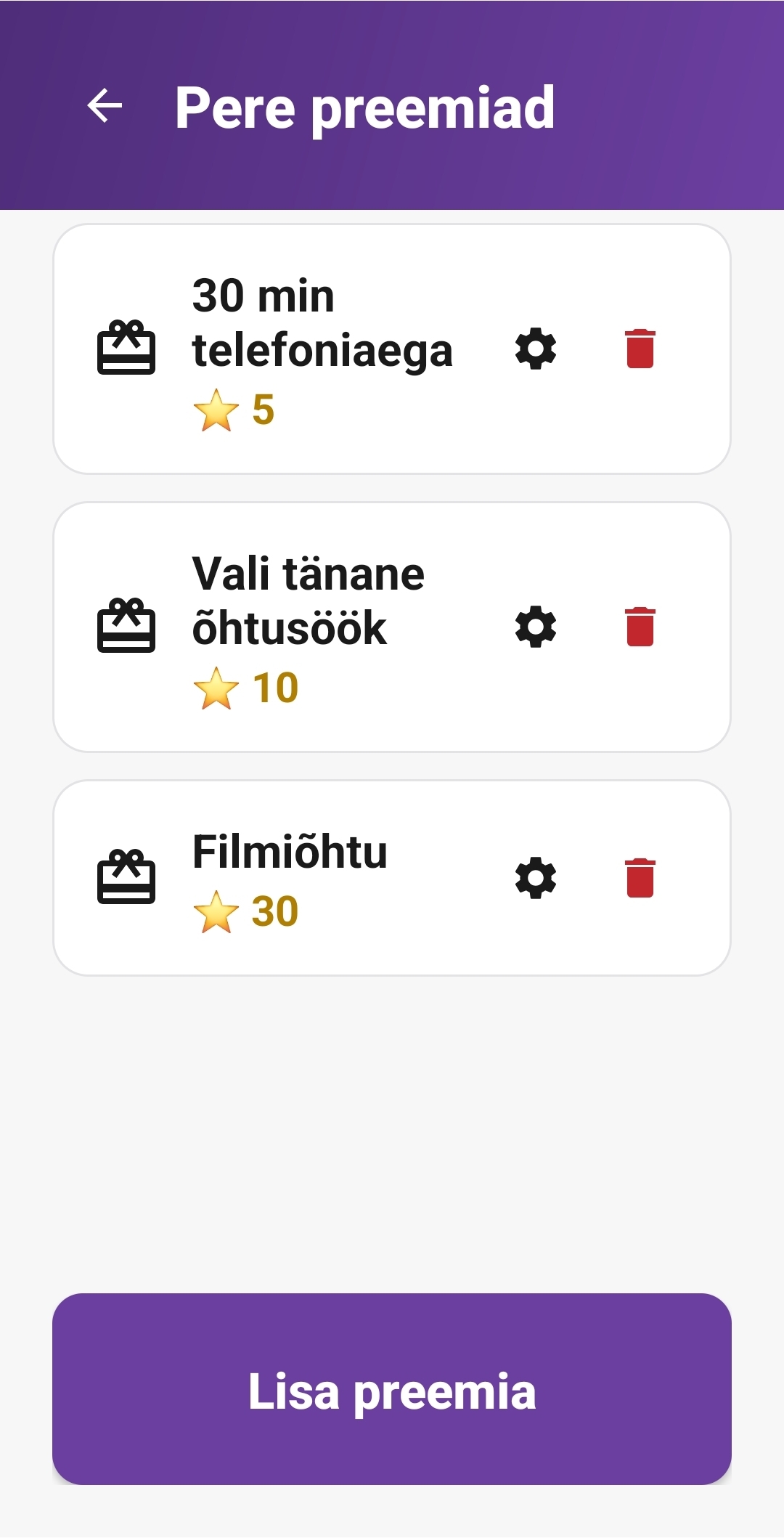Pere preemiate nimekiri: 30 min telefoniaega 5 tärni eest, vali tänane õhtusöök 10 tärni eest, filmiõhtu 30 tärni eest
