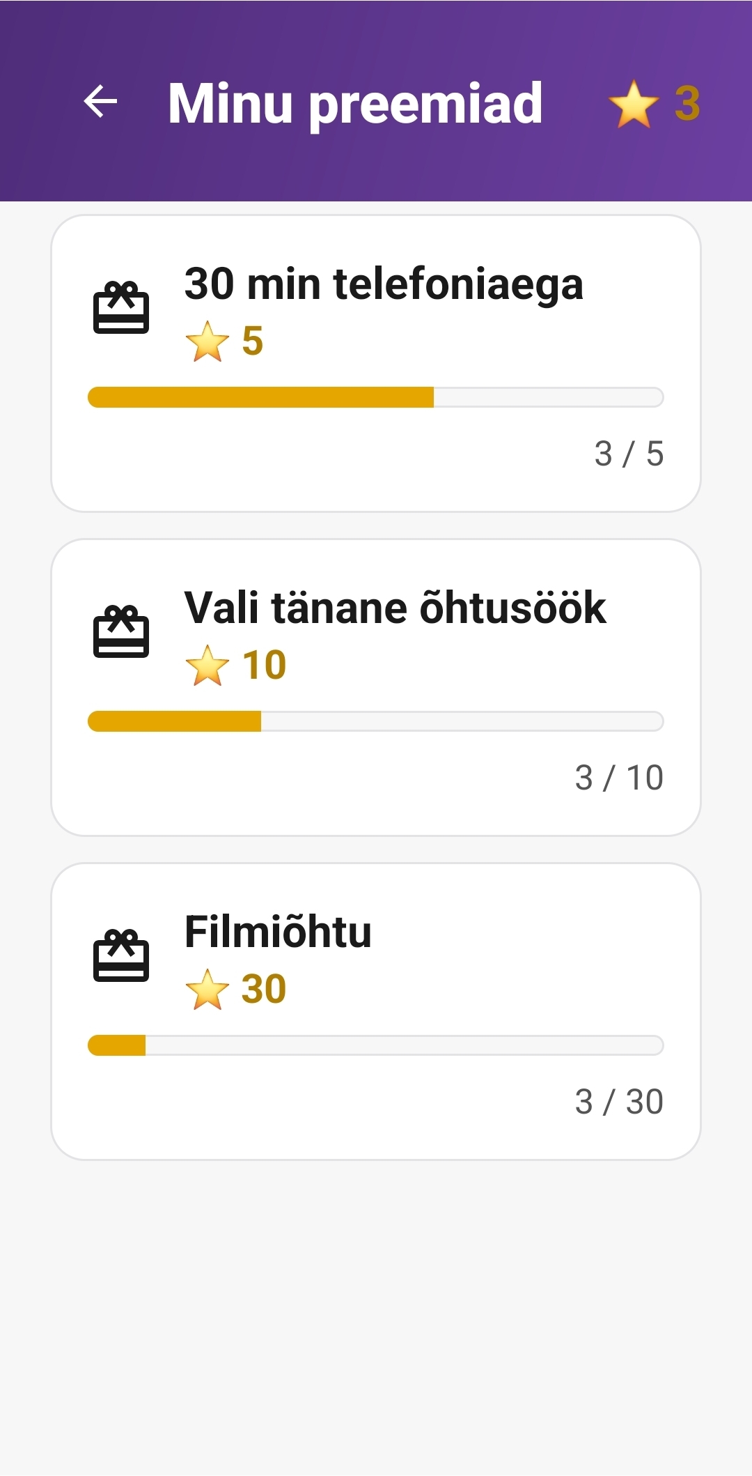 Minu preemiad lapse telefonis: 30 min telefoniaega, vali tänane õhtusöök, filmiõhtu progressibaariga 3 / 30
