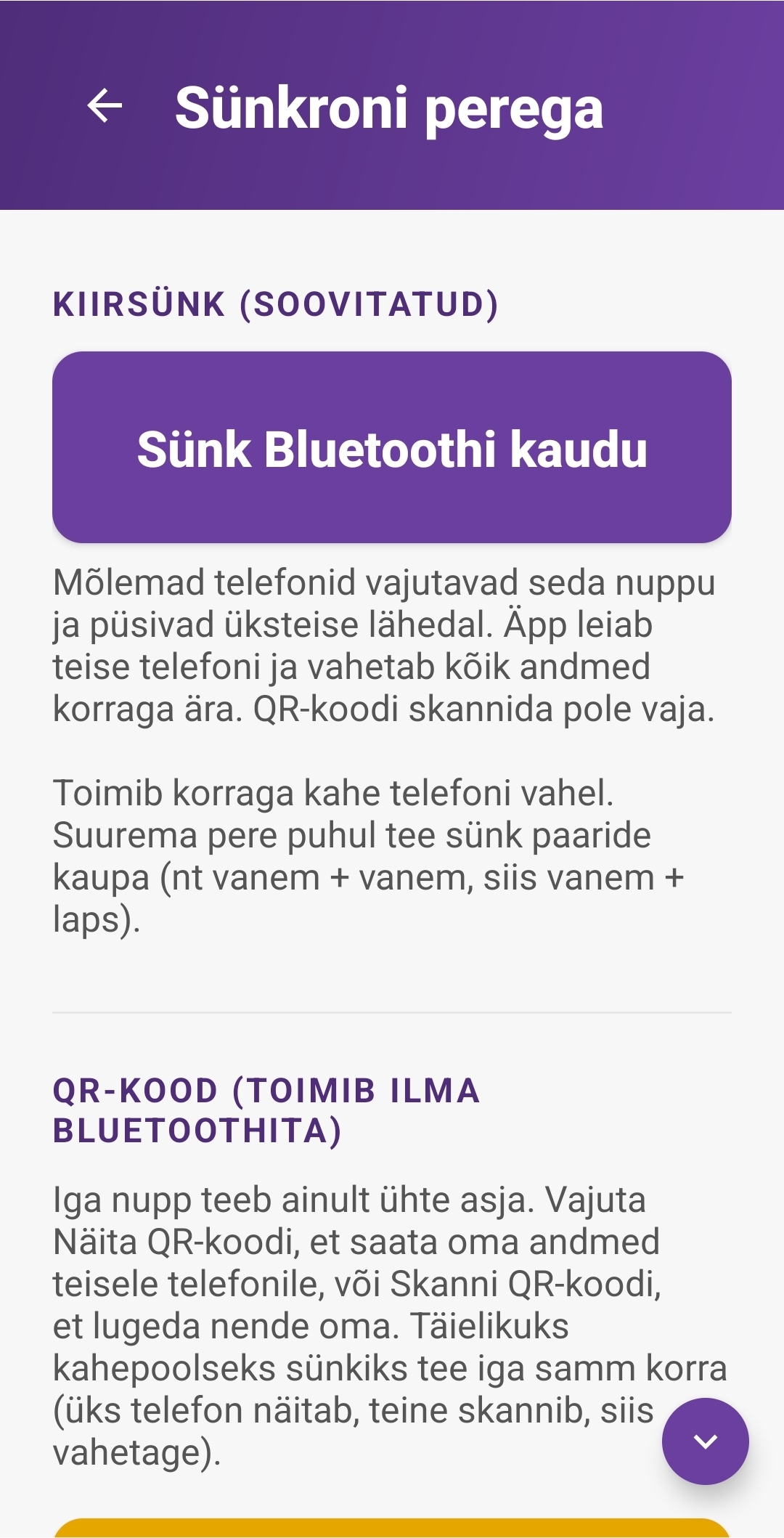 Sünkroni perega ekraan: Sünk Bluetoothi kaudu soovitatud variandina ja QR-kood varuvariandina, mis töötab ilma Bluetoothita