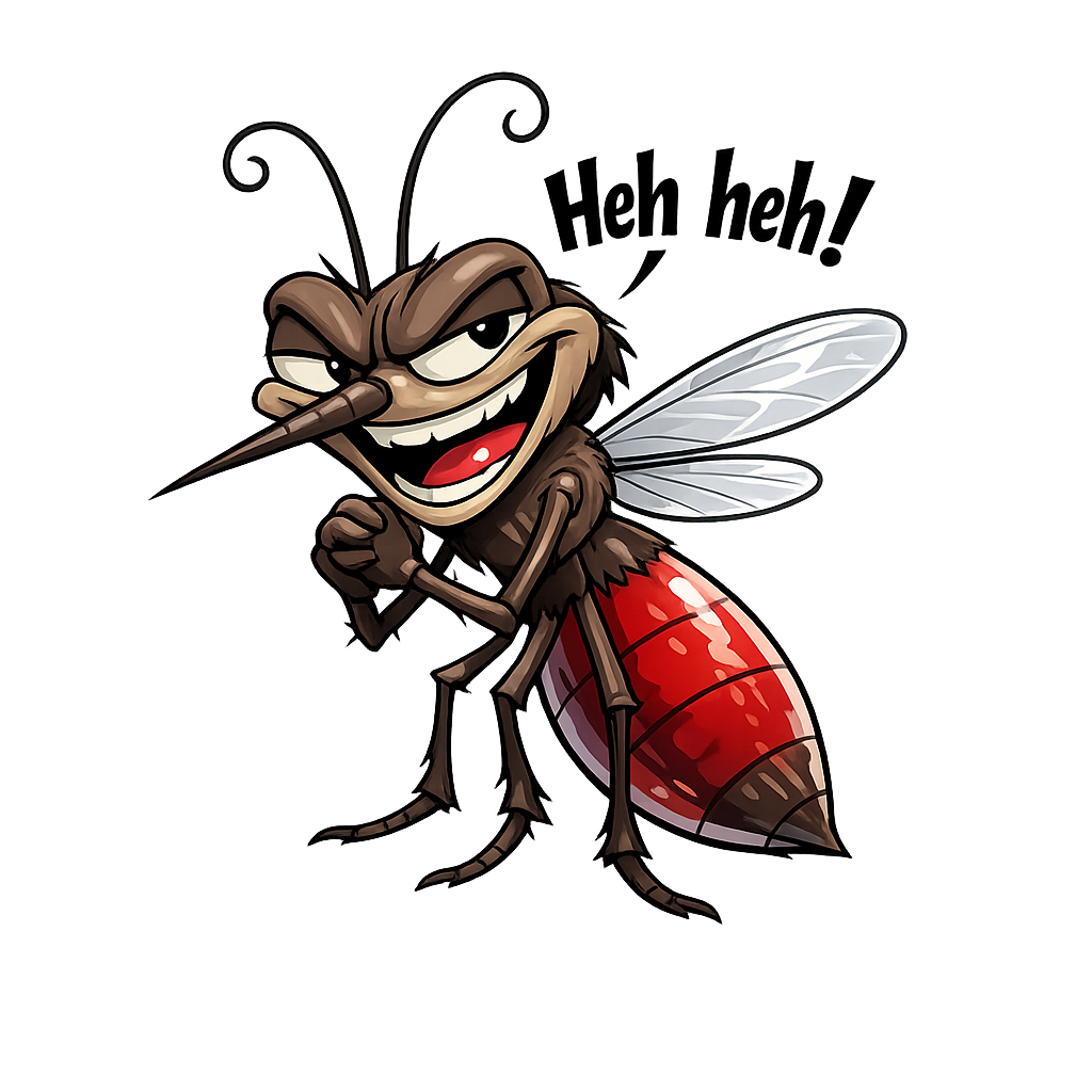 Smug cartoon mosquito with a Heh heh speech bubble, the game's mascot
