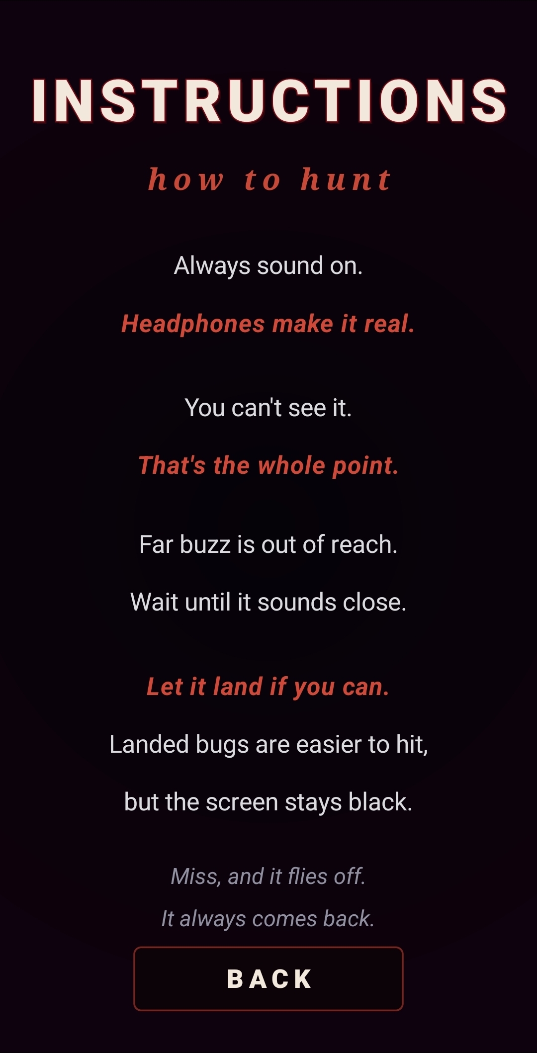 Instructions page with rules: sound on, headphones, wait, slap, miss