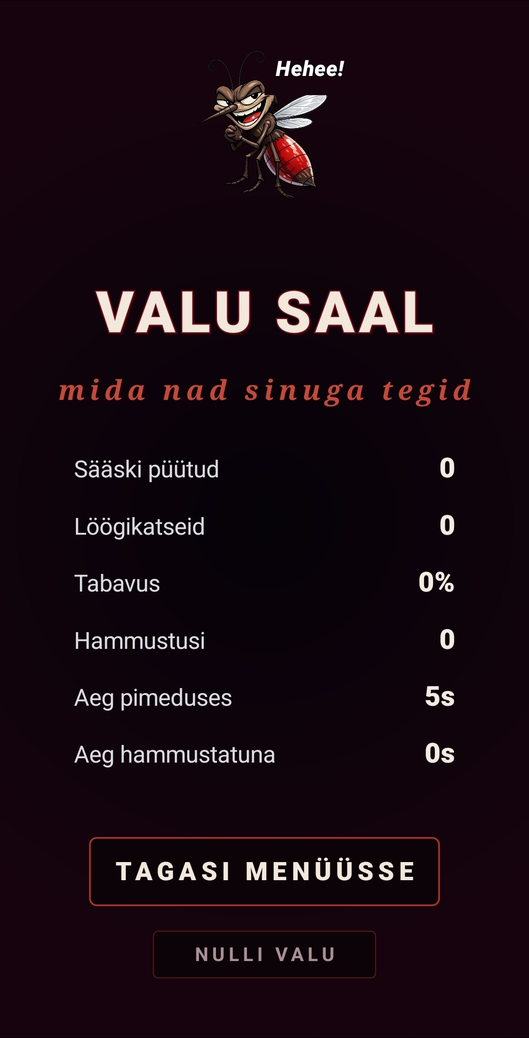 Valu saali statistika: püütud sääski, löögikatsed, tabavus, hammustused, aeg pimeduses, aeg hammustatuna